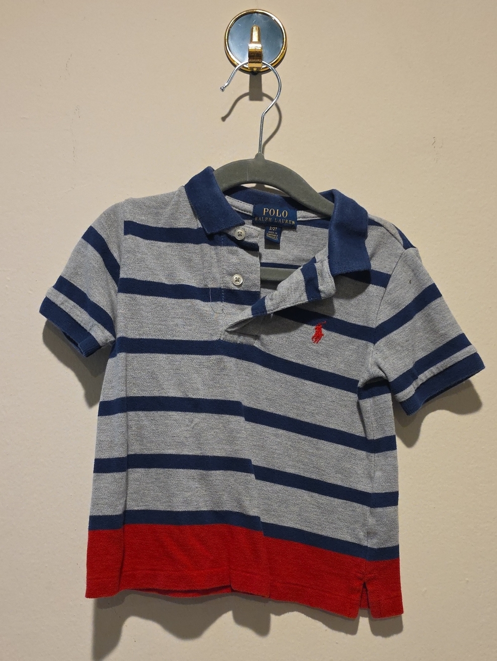 Polo by Ralph Lauren Boys' Gray & Navy Striped Polo with Red Hem 2t